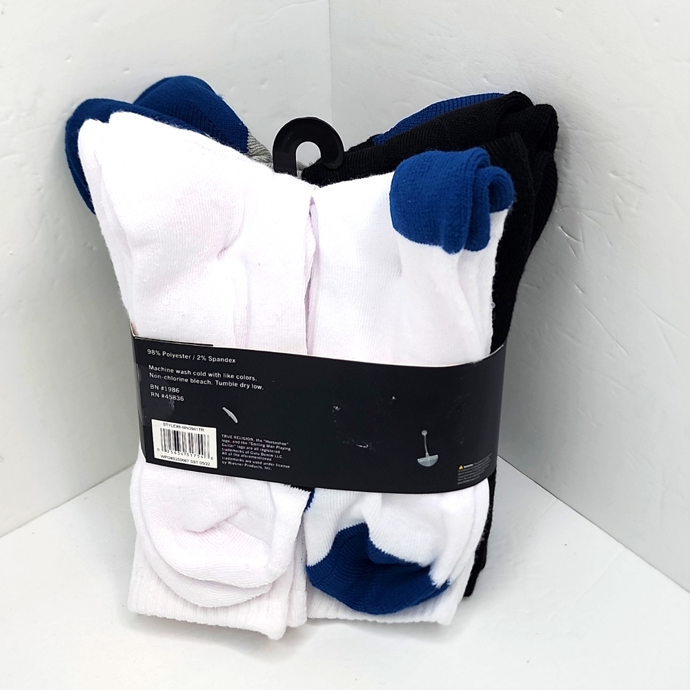 TRUE RELIGION, HALF CUSHION CREWS SOCKS BLACK, GREY, WHITE, SHOE SIZE 8-12.5 - Picture 3 of 8